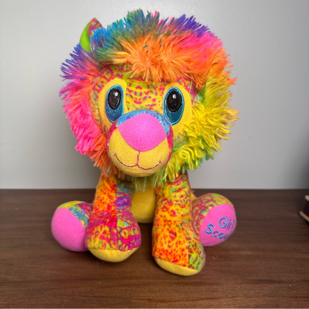 Girl Scouts Stuffed Lion Soft Plush Yellow Colorful Soft Fluffy 10” Neon